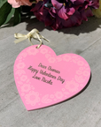 Personalised Acrylic Heart Gift Tag With a pretty engraved flower pattern & gold vinyl personalisation!